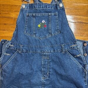 Denim Overalls with Embroidered Floral Pocket